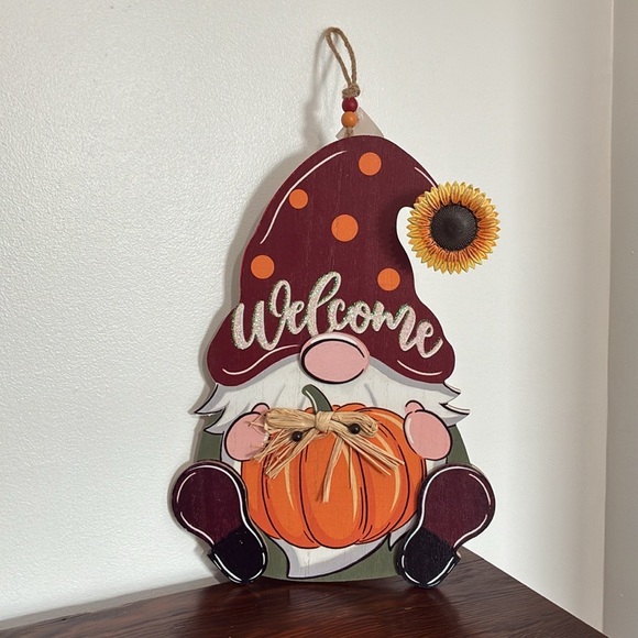 NWT- Fall Harvest Gnome- Iridescent Glittered Welcome- Wooden Wall Decor Sign - Picture 1 of 14